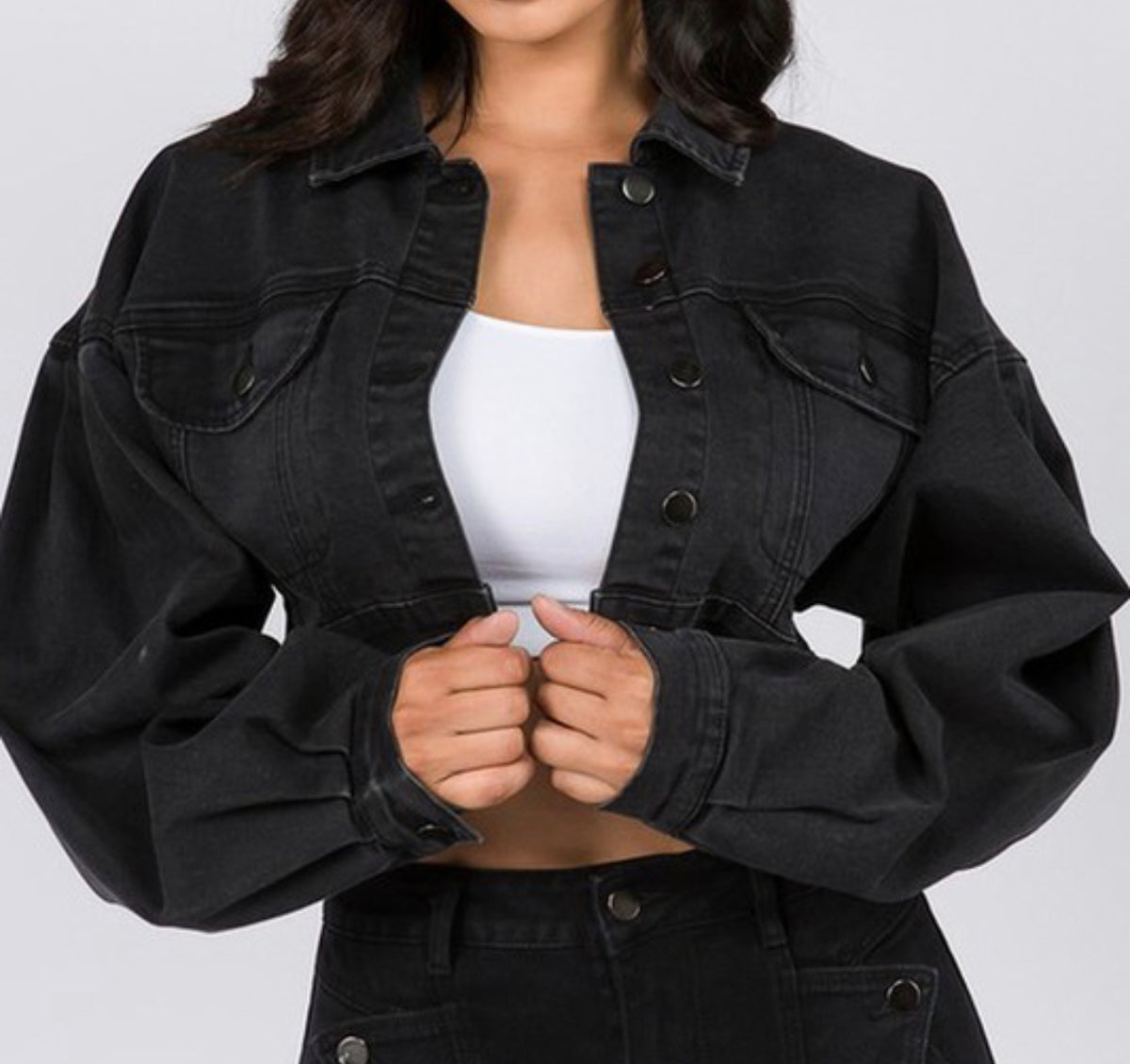 Final Sale Plus Size Denim Jacket with Balloon Sleeves in Black